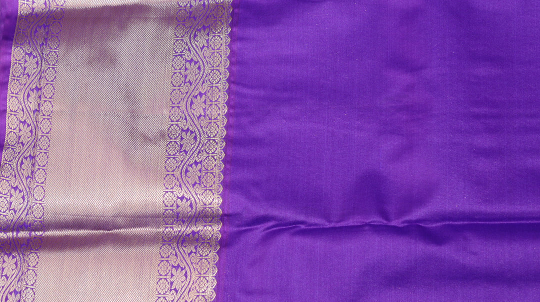 Olive Green Pure Kanchipuram Silk Saree with Purple Floral Zari Weaving &amp; Contrast Purple Border