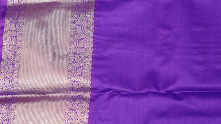 Olive Green Pure Kanchipuram Silk Saree with Purple Floral Zari Weaving &amp; Contrast Purple Border