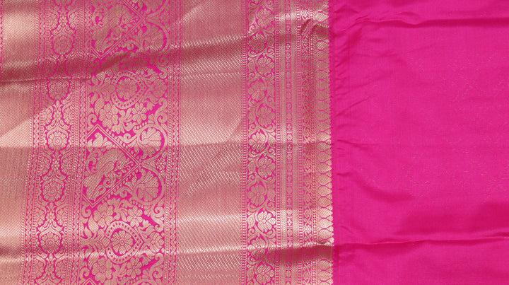Turmeric Yellow Pure Kanchipuram Silk Saree with Pink Floral Zari Weaving &amp; Contrast Pink Border