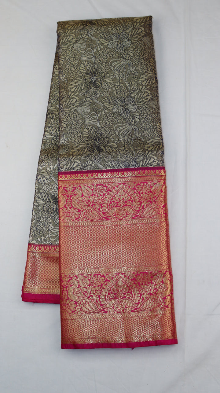 Charcoal Grey Pure Kanchipuram Silk Saree with Silver Zari Floral Weaving &amp; Contrast Pink Border