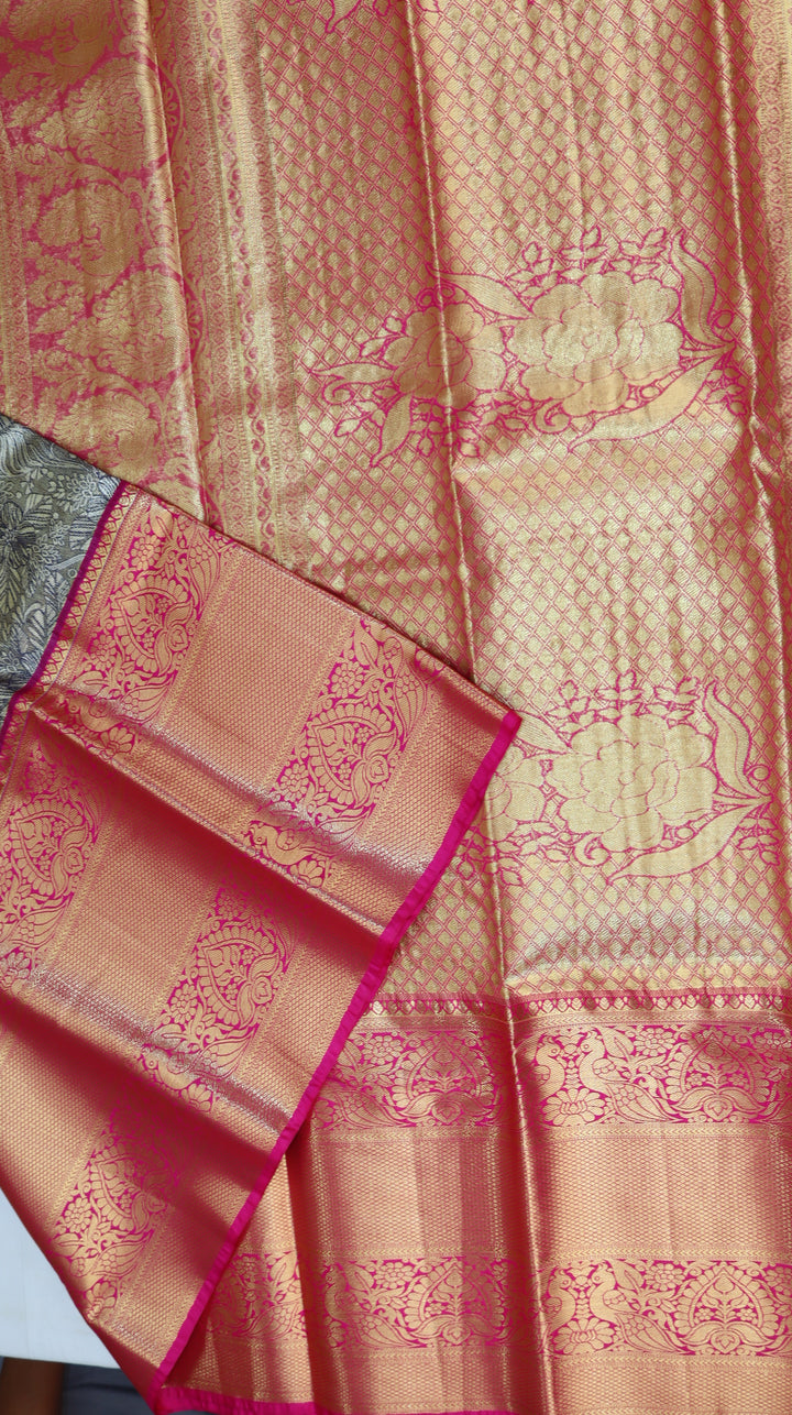 Charcoal Grey Pure Kanchipuram Silk Saree with Silver Zari Floral Weaving &amp; Contrast Pink Border