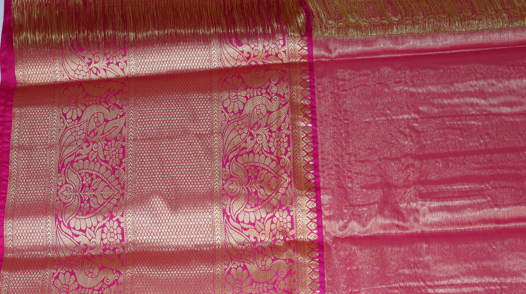 Charcoal Grey Pure Kanchipuram Silk Saree with Silver Zari Floral Weaving &amp; Contrast Pink Border