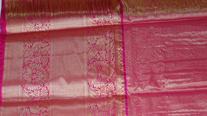 Charcoal Grey Pure Kanchipuram Silk Saree with Silver Zari Floral Weaving &amp; Contrast Pink Border
