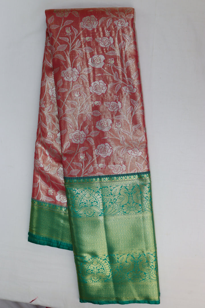 Trendy Coral Pink Tissue Kanjipuram Saree