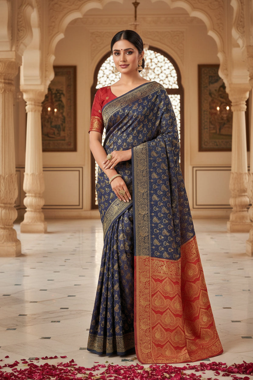 Full drape flat lay of navy blue Banarasi shimmer silk saree showing body, antique gold border, and red chevron peacock pallu