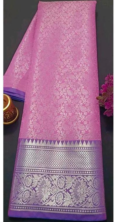 Pink &amp; Purple Kanjipuram Silk Saree with Silver Zari Border