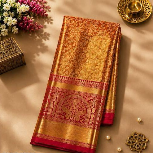 Rust Orange &amp; Gold Motif Saree with Maroon Border