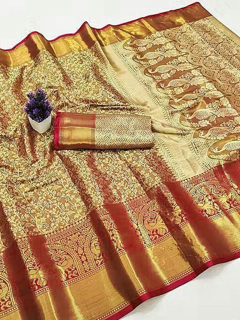 Rust Orange &amp; Gold Motif Saree with Maroon Border