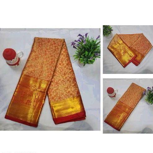 Rust Orange &amp; Gold Motif Saree with Maroon Border