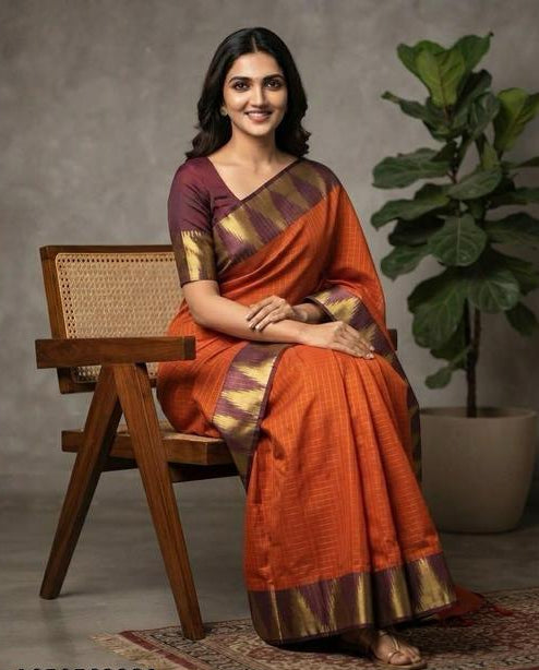 Burnt Orange Saree with Antique Gold &amp; Plum Border
