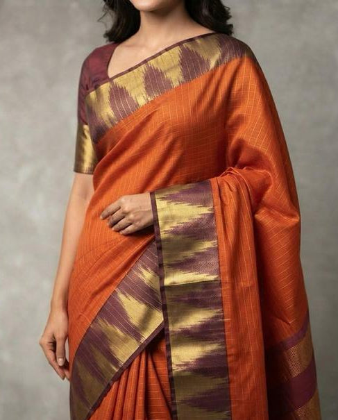 Burnt Orange Saree with Antique Gold &amp; Plum Border