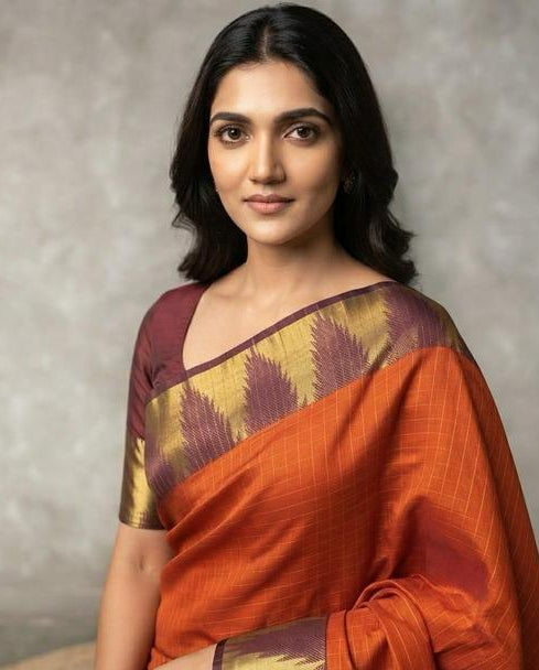 Burnt Orange Saree with Antique Gold &amp; Plum Border