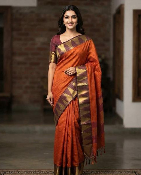 Burnt Orange Saree with Antique Gold &amp; Plum Border