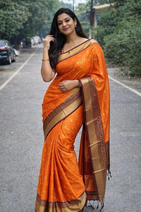 Orange Saree with Gold Motifs and Maroon Border