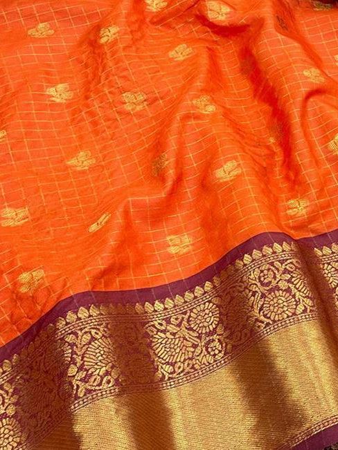Orange Saree with Gold Motifs and Maroon Border