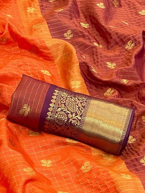 Orange Saree with Gold Motifs and Maroon Border