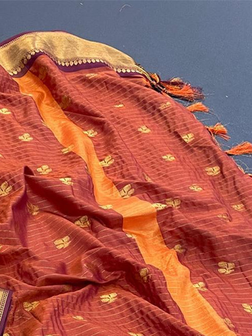 Orange Saree with Gold Motifs and Maroon Border