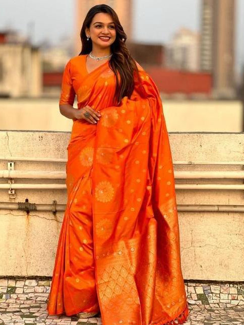 Bright Orange Saree with Gold Floral Motifs