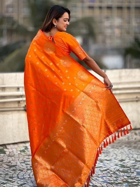 Bright Orange Saree with Gold Floral Motifs