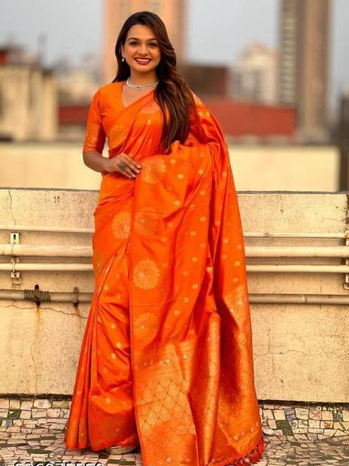 Bright Orange Saree with Gold Floral Motifs