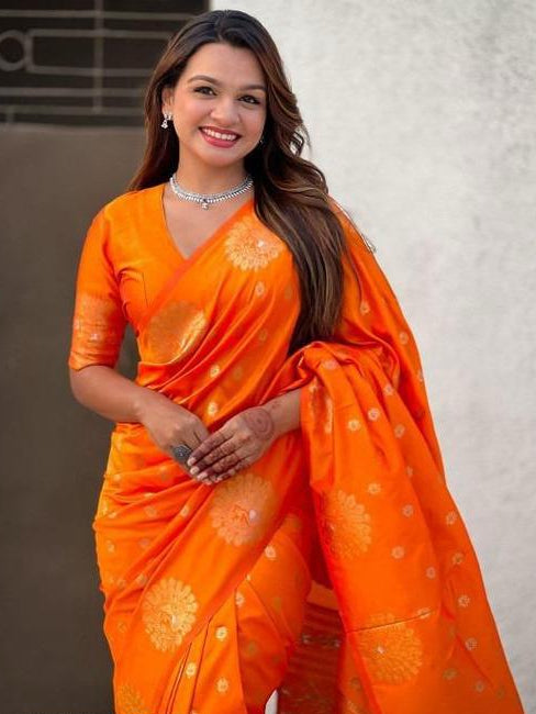 Bright Orange Saree with Gold Floral Motifs