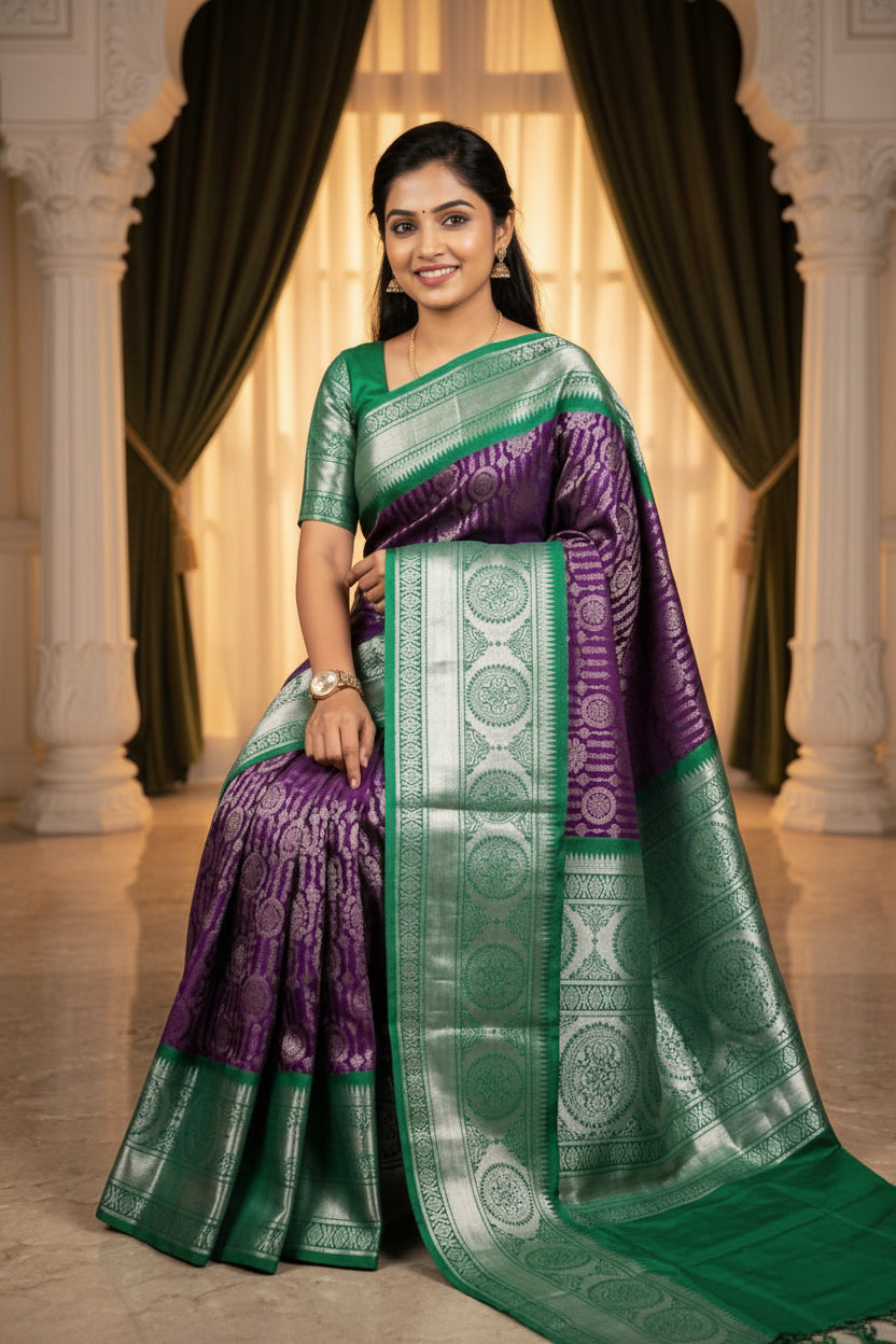 Purple &amp; Green Kanjivaram Silk Saree
