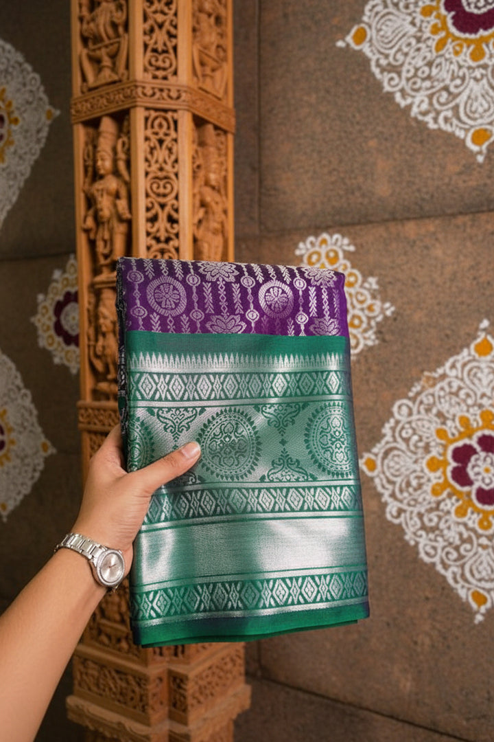 Purple and Green Kanjivaram Silk Saree with Silver Zari Brocade