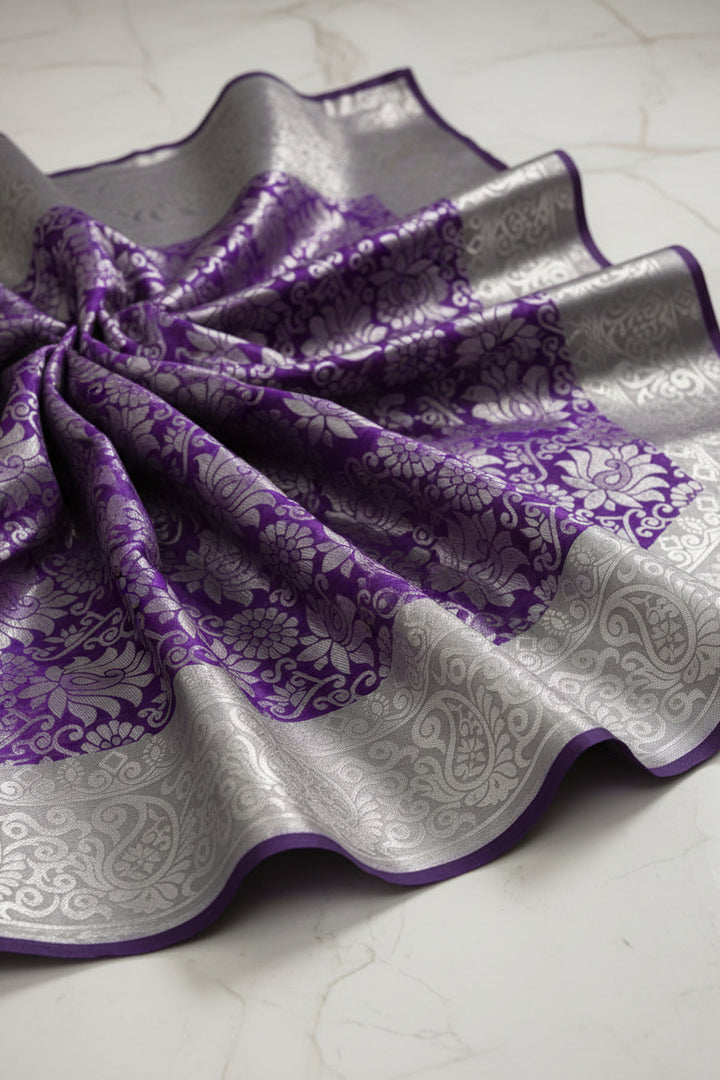Purple and Silver Kanjipuram Silk Saree - Model wearing saree