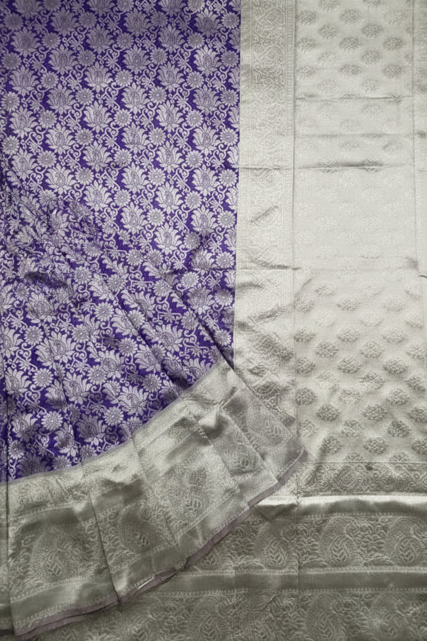 Purple and Silver Kanjipuram Silk Saree - Body detail with floral brocade
