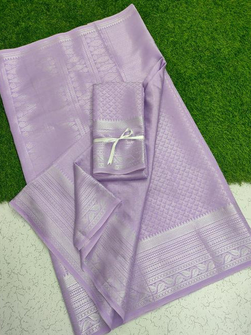 Lavender Kanjipuram Silk Saree with Silver Zari - Full view with blouse piece