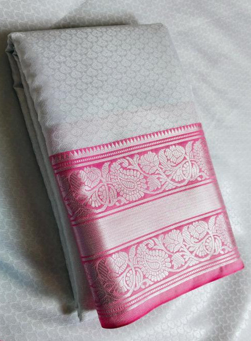 White and Pink Kanjipuram Silk Saree - Flat lay showing border and pallu detail