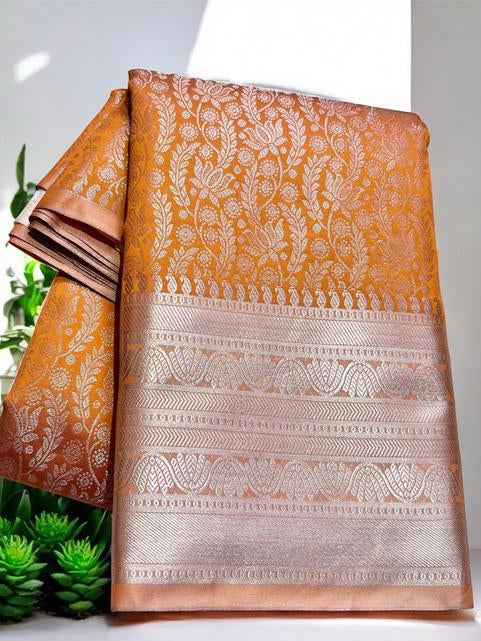 Mustard Gold Kanjipuram Silk Saree with Silver Zari Border - Folded view showing body brocade and border detail