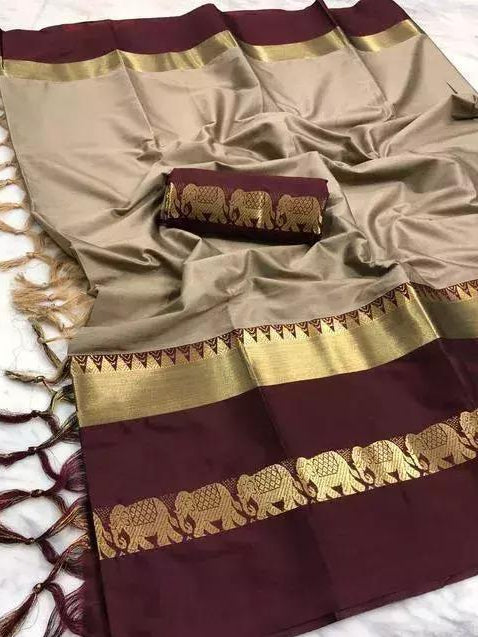 Beige and Maroon Kanjipuram Silk Saree with Gold Elephant Zari Border - Flat lay with blouse piece