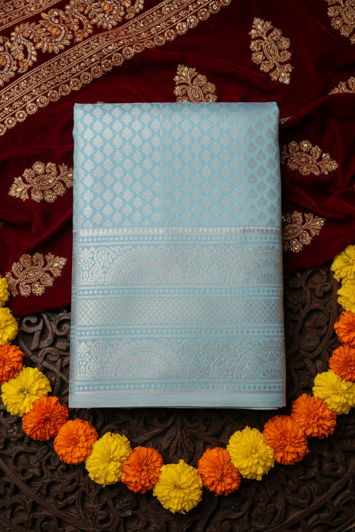 Sky Blue Kanjipuram Silk Saree with Silver Zari Border