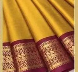 Mustard and Maroon Kanjipuram Silk Saree - Model wearing saree with gold jewellery
