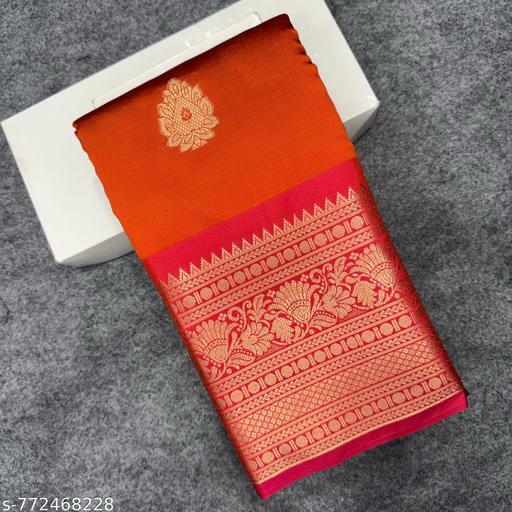 Orange and Pink Kanjipuram Silk Saree with Gold Zari Border - Folded view showing buti body and peacock border detail