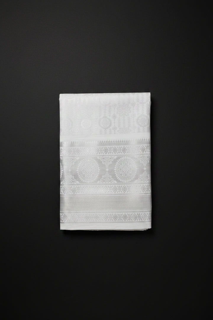 Pure White Kanjipuram Silk Saree with Self Zari Brocade - Folded view showing intricate geometric and floral self-zari weave