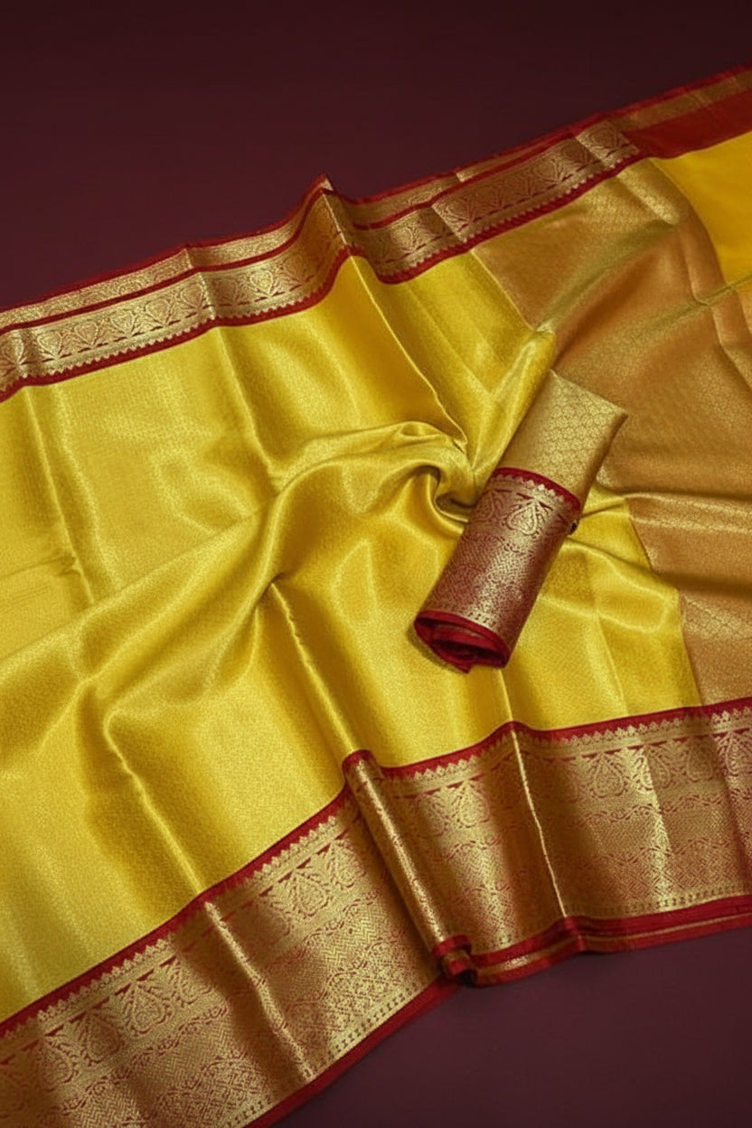 Yellow Kanjipuram Silk Saree with Broad Red Border &amp; Dense Gold Zari Paisley Weave