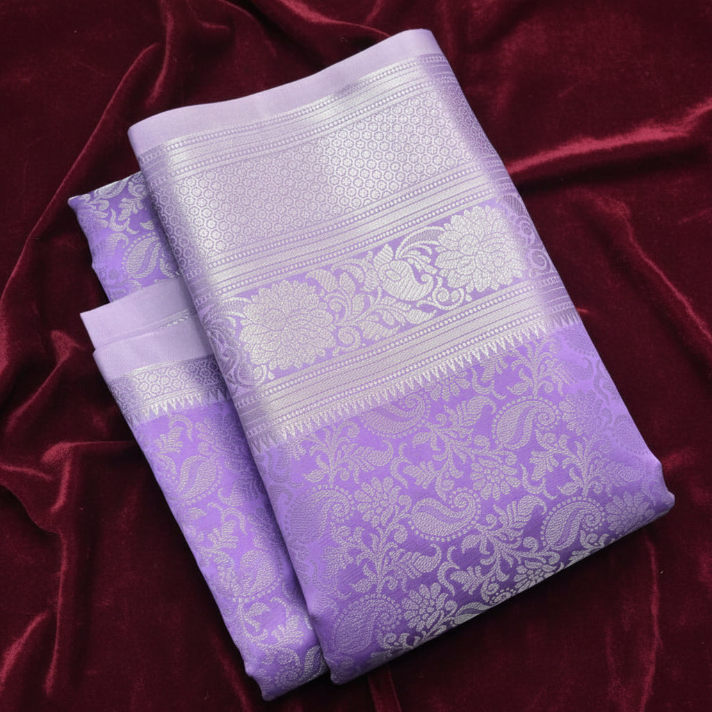 Lavender Banarasi Silk Saree with All-Over Silver Zari Floral Jaal Weave