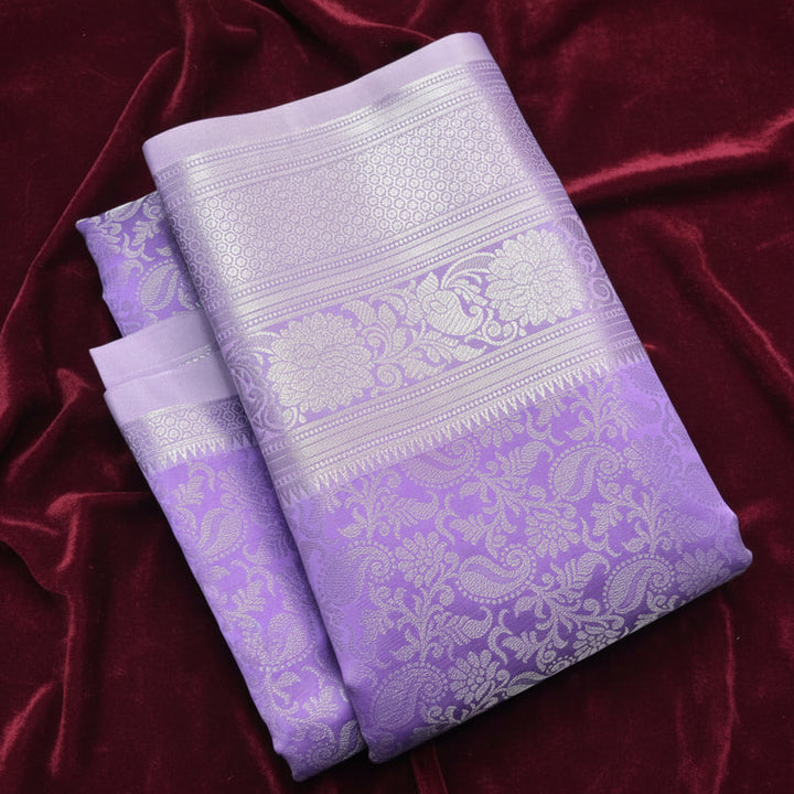 Lavender Banarasi Silk Saree with All-Over Silver Zari Floral Jaal Weave