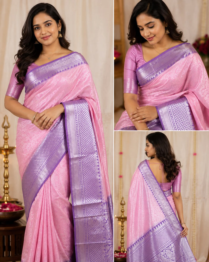 Pink Kanjipuram Silk Saree with Silver Zari Border