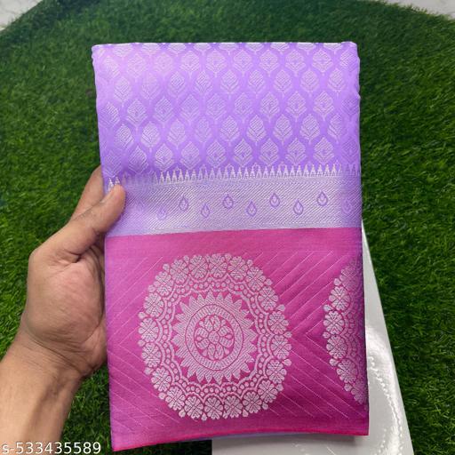 Lavender Banarasi Silk Saree with Silver Zari Buti &amp; Hot Pink Medallion Pallu