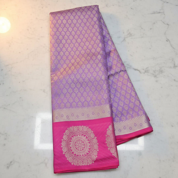 Lavender Banarasi Silk Saree with Silver Zari Buti &amp; Hot Pink Medallion Pallu