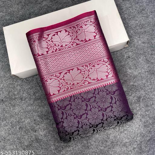 Deep Purple Banarasi Silk Saree with All-Over Silver Zari Floral Jaal &amp; Hot Pink Medallion Border