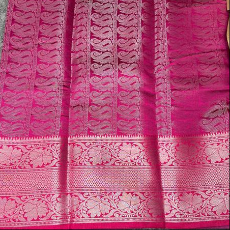 Deep Purple Banarasi Silk Saree with All-Over Silver Zari Floral Jaal &amp; Hot Pink Medallion Border