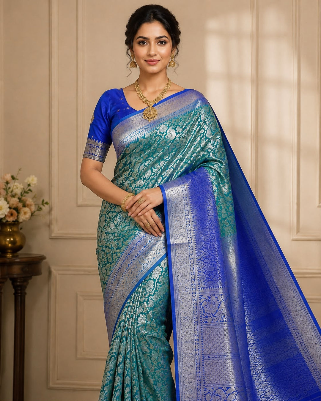 Teal Green Banarasi Silk Saree with All-Over Silver Zari Peacock Jaal &amp; Royal Blue Border