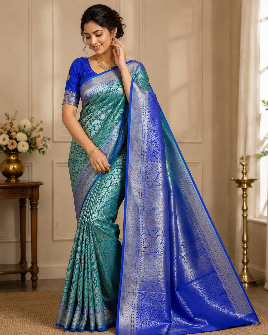 Teal Green Banarasi Silk Saree with All-Over Silver Zari Peacock Jaal &amp; Royal Blue Border