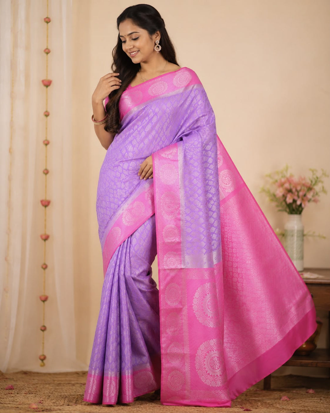 Lavender Banarasi Silk Saree with Silver Zari Buti &amp; Hot Pink Medallion Pallu