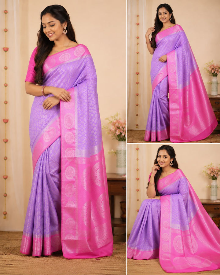 Lavender Banarasi Silk Saree with Silver Zari Buti &amp; Hot Pink Medallion Pallu