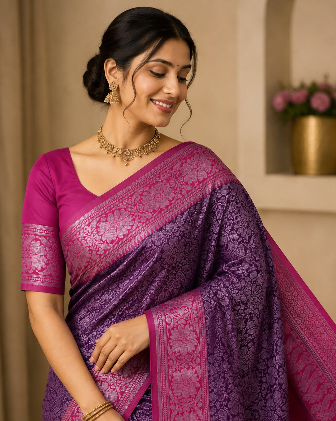 Deep Purple Banarasi Silk Saree with All-Over Silver Zari Floral Jaal &amp; Hot Pink Medallion Border